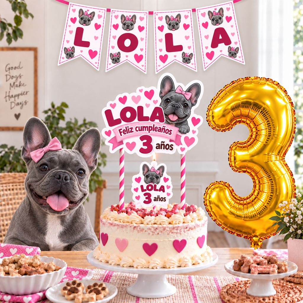 Set Cumpleaños Mascota Bulldog Frances Decoración Personalizada Perro Hembra