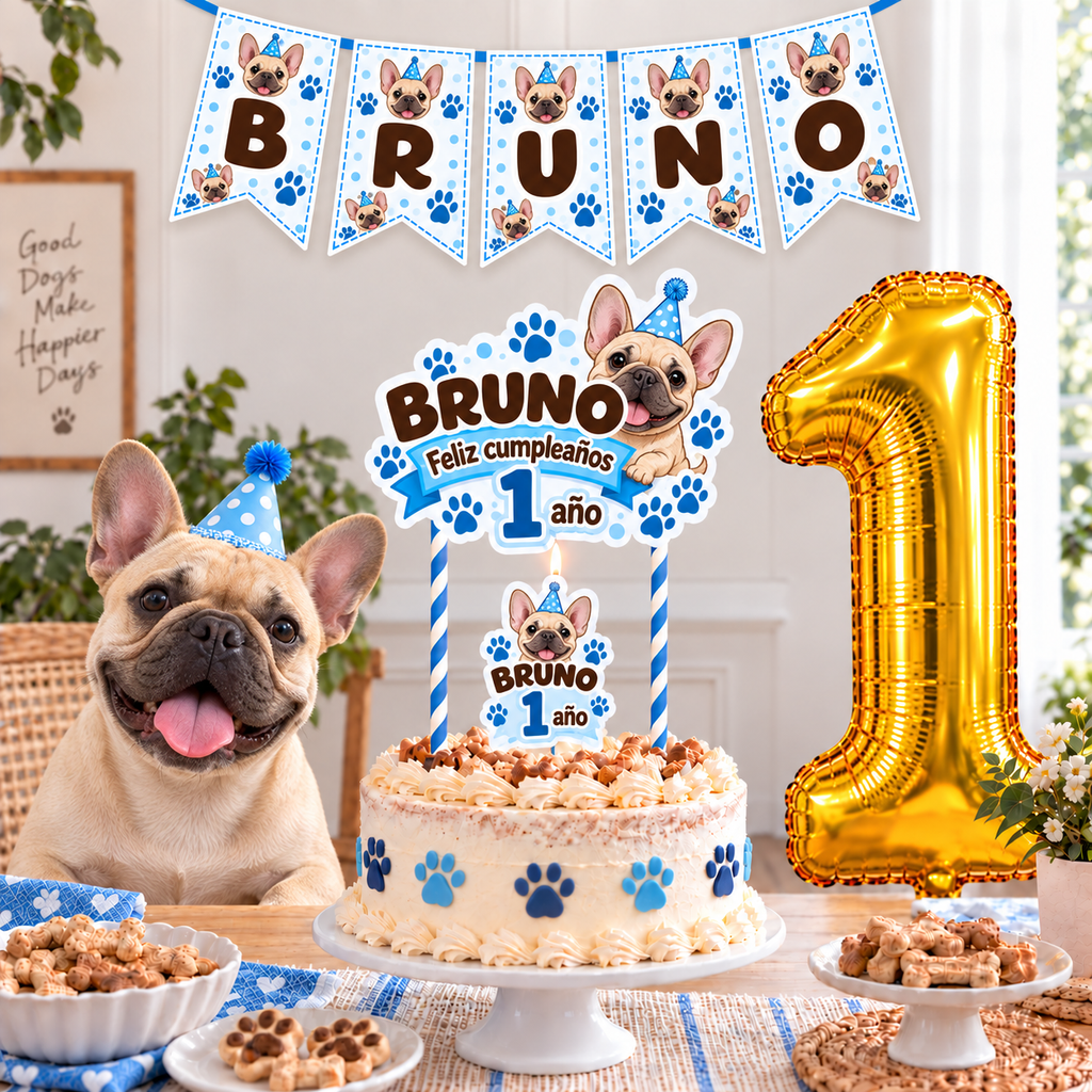 Set Cumpleaños Mascota Bulldog Frances Decoración Personalizada Perro Macho