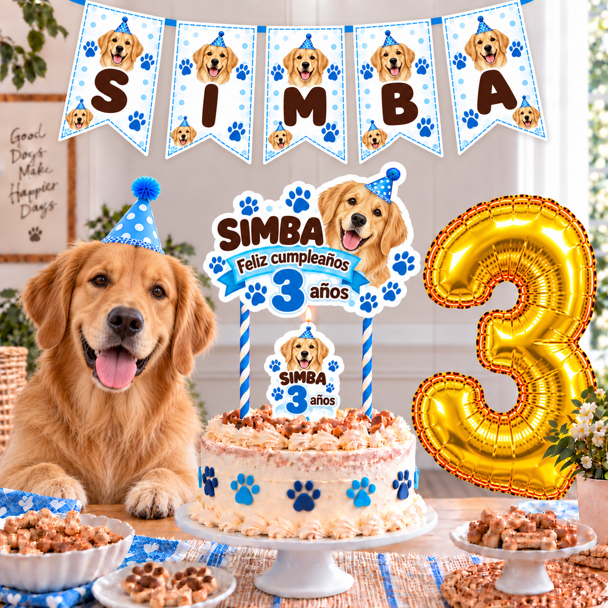 Set Cumpleaños Mascota Golden Decoración Personalizada Perro Macho