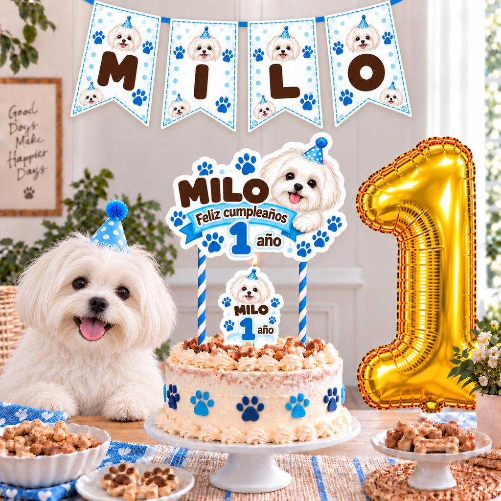 Set Cumpleaños Mascota Maltes Decoración Personalizada Perro Macho