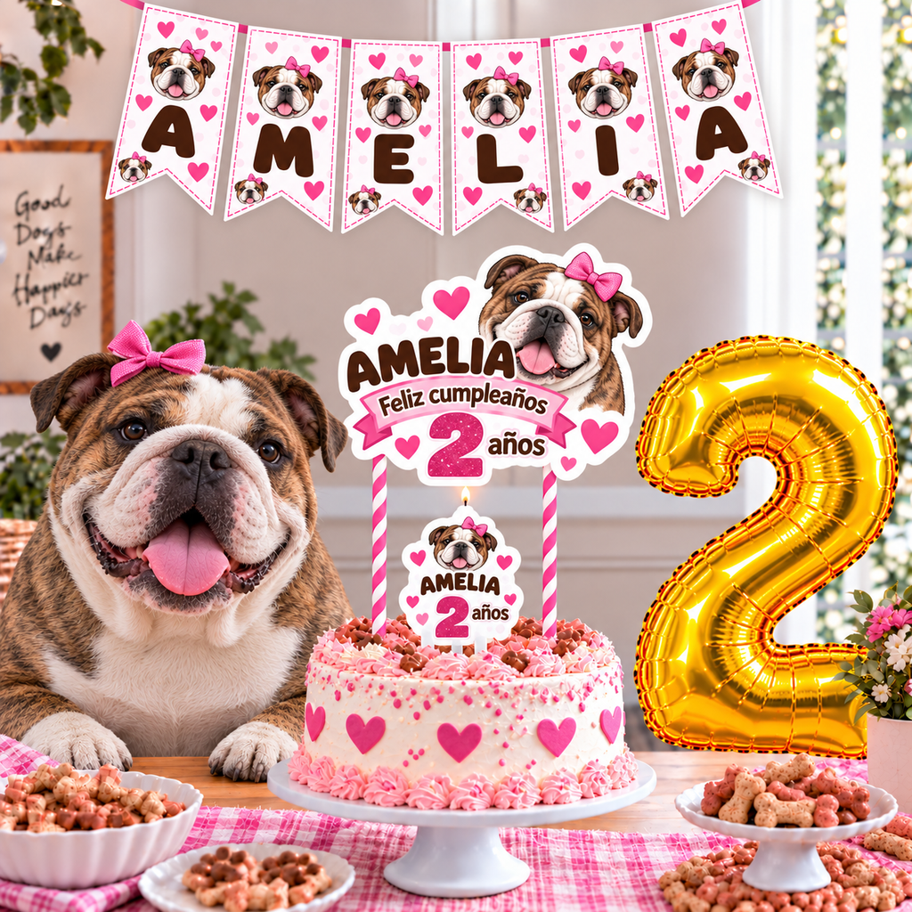 Set Cumpleaños Mascota Bulldog Ingles Decoración Personalizada Perro Hembra