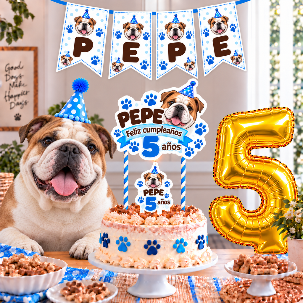 Set Cumpleaños Mascota Bulldog Ingles Decoración Personalizada Perro Macho