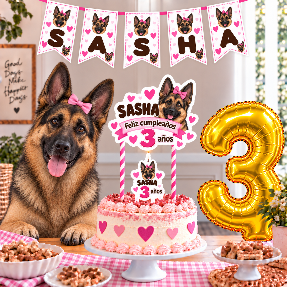 Set Cumpleaños Mascota Pastor Aleman Decoración Personalizada Perro Hembra