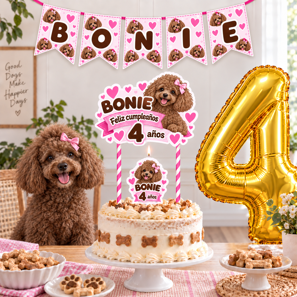 Set Cumpleaños Mascota Poodle Decoración Personalizada Perro Hembra