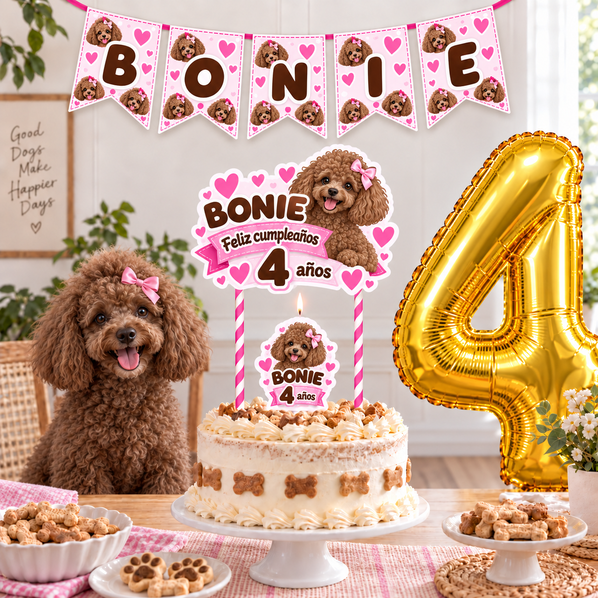 Set Cumpleaños Mascota Poodle Decoración Personalizada Perro Hembra