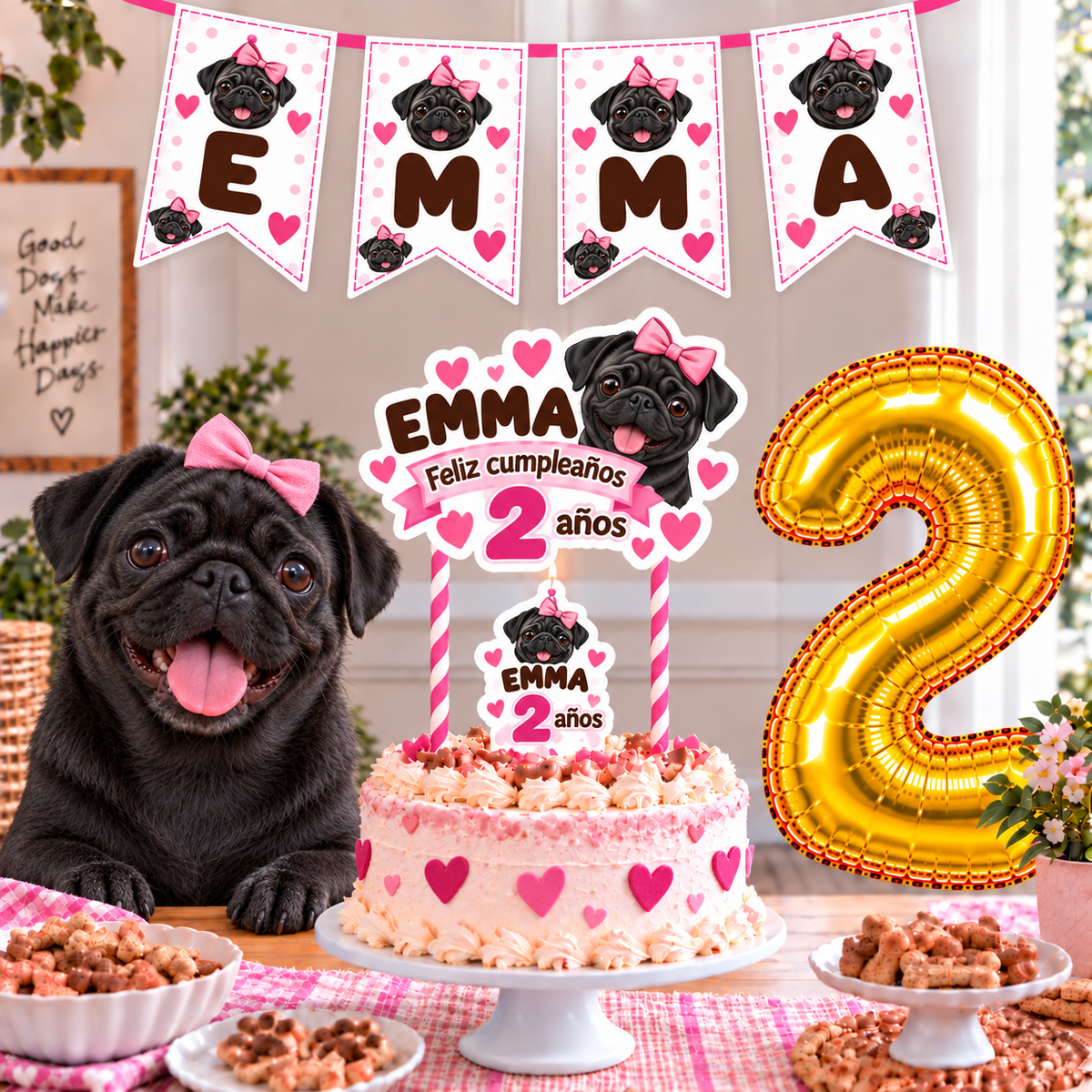 Set Cumpleaños Mascota Pug Decoración Personalizada Perro Hembra