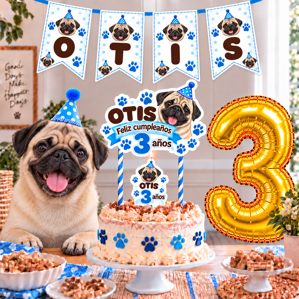Set Cumpleaños Mascota Pug Decoración Personalizada Perro Macho