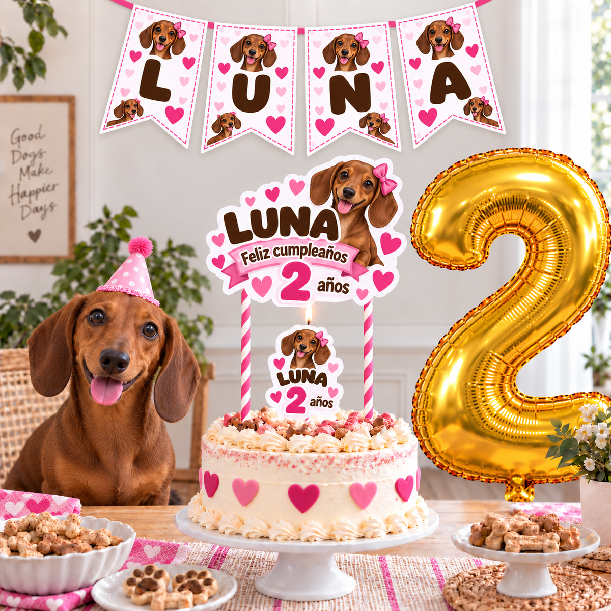 Set Cumpleaños Mascota Salchicha Decoración Personalizada Perro Hembra