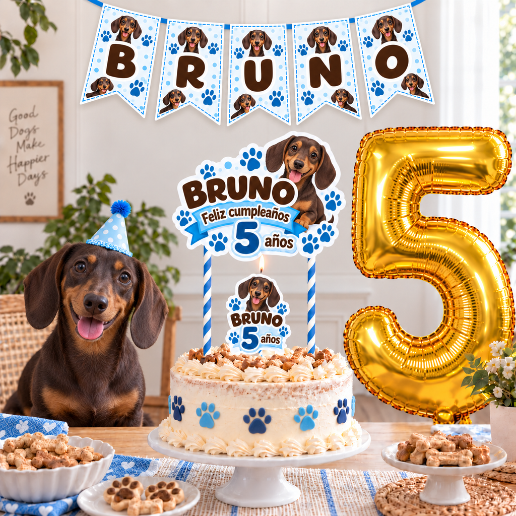Set Cumpleaños Mascota Salchicha Decoración Personalizada Perro Macho