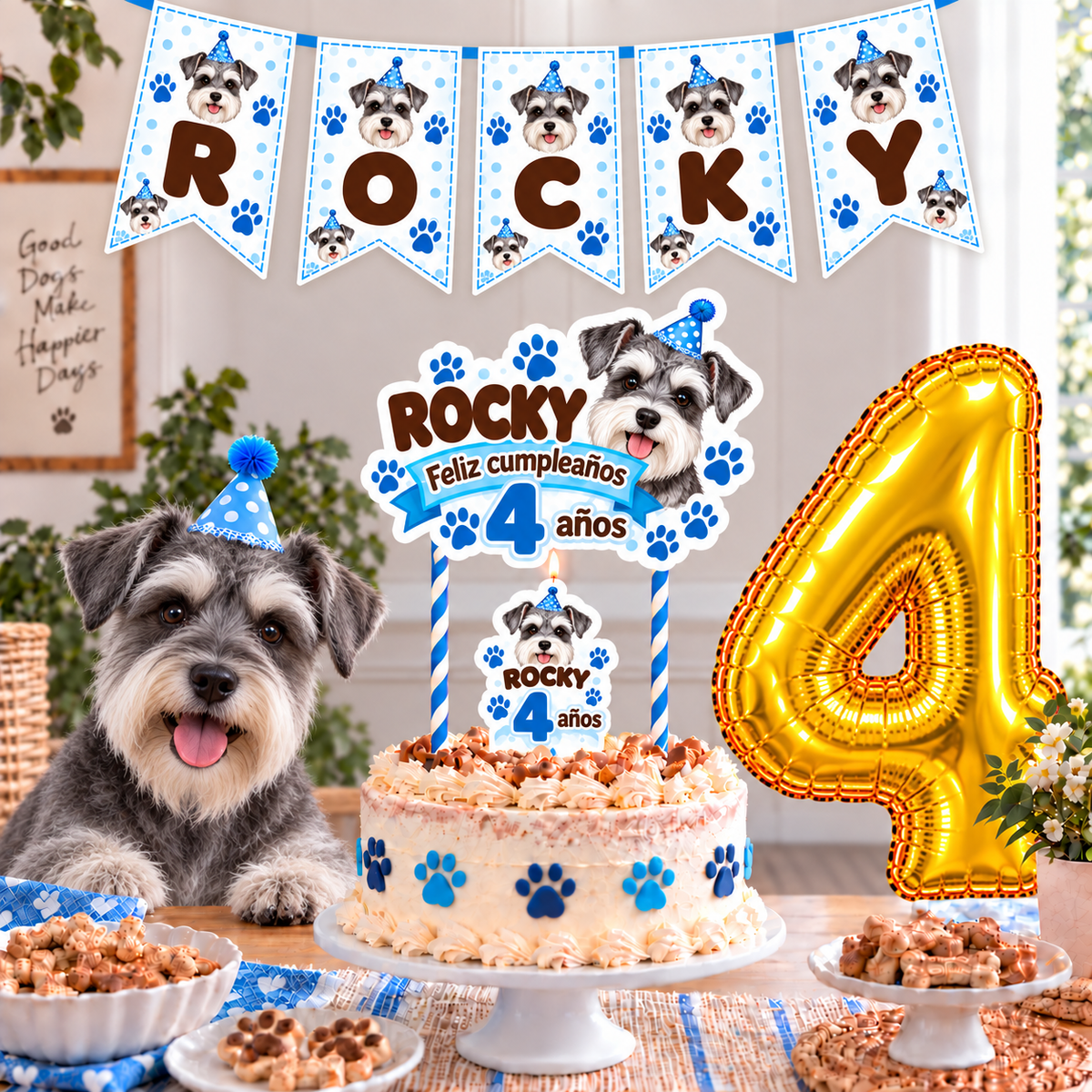 Set Cumpleaños Mascota Schnauzer Decoración Personalizada Perro Macho