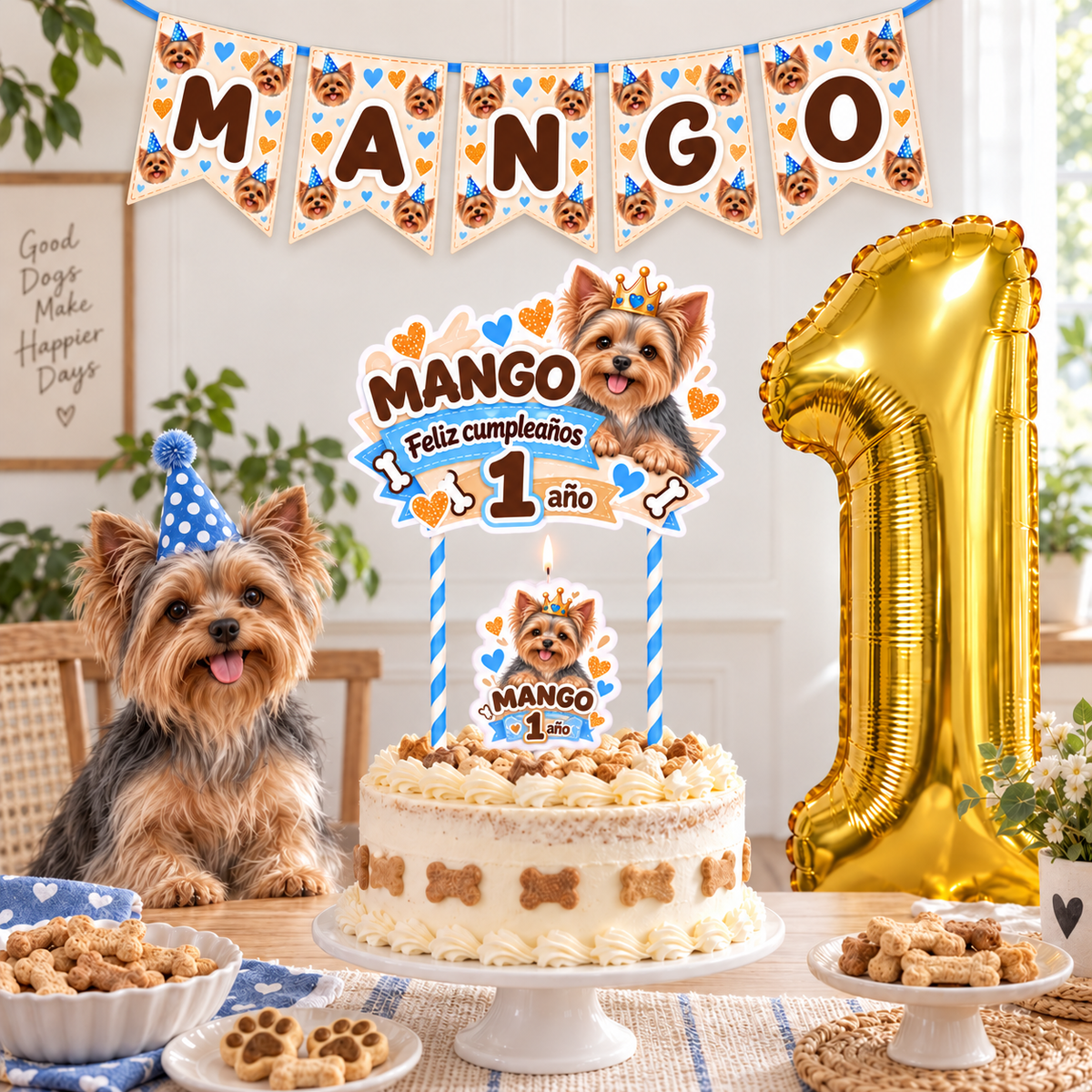 Set Cumpleaños Mascota Yorkshire Decoración Personalizada Perro Macho