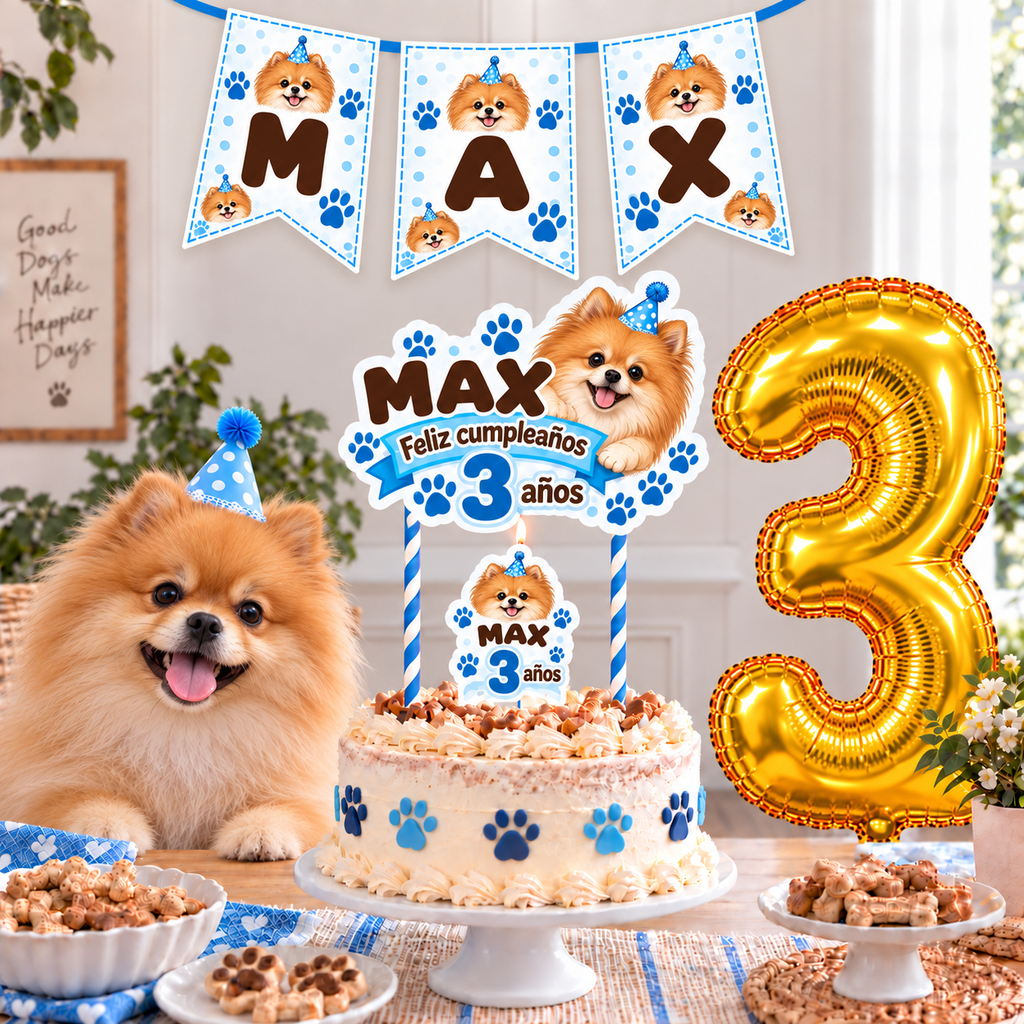 Set Cumpleaños Mascota Pomerania Decoración Personalizada Perro Macho
