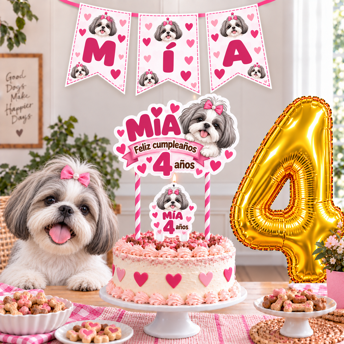 Set Cumpleaños Mascota Shihtzu Decoración Personalizada Perro Hembra
