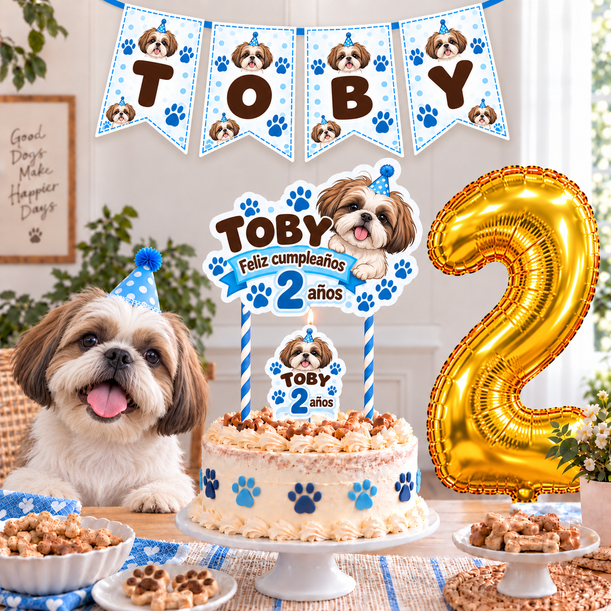 Set Cumpleaños Mascota Shihtzu Decoración Personalizada Perro Macho